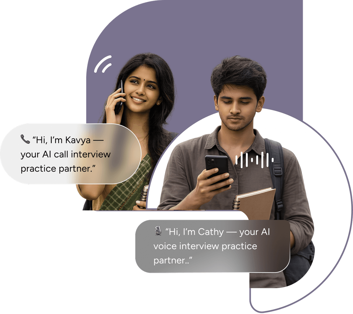 People practicing interviews with speech bubbles