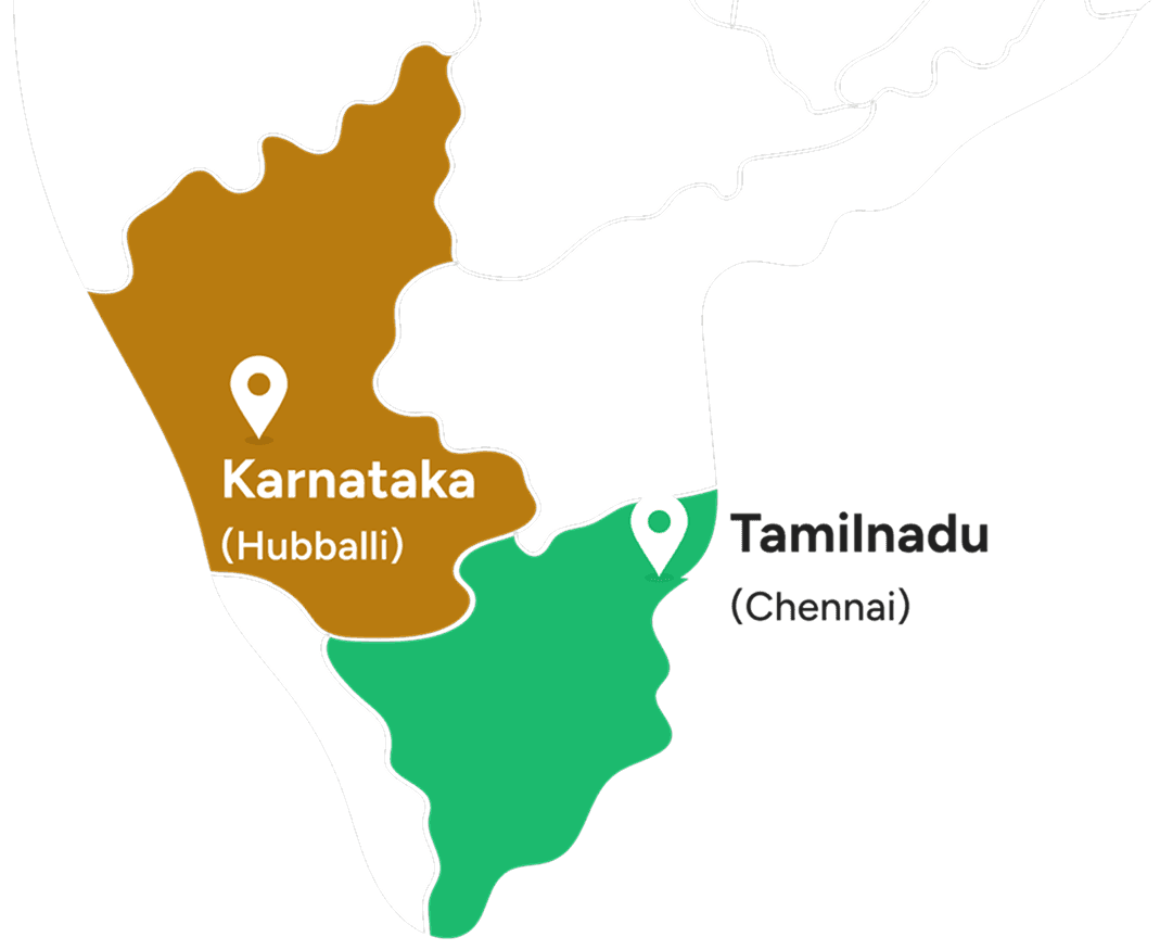 Map of India highlighting pilot regions in Karnataka and Tamil Nadu