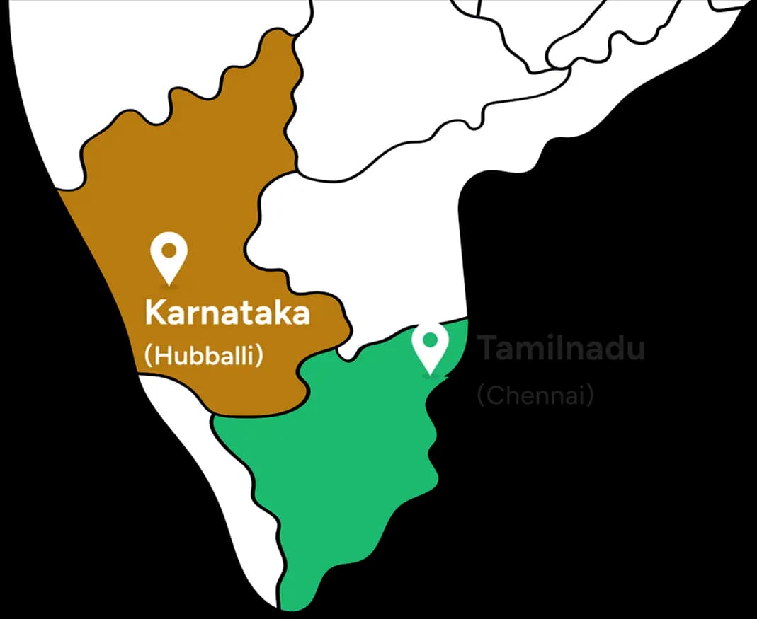 Map of India highlighting Karnataka (Hubballi) and Tamilnadu (Chennai) pilot locations